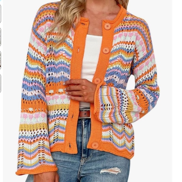 Sweaters - Women’s Orange Multi Hollow Open Knit Cardigan sz large
